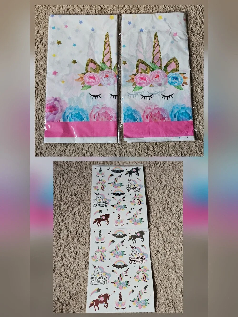 New! Set of 2 Unicorn Table Cloths & 2 Unicorn Temp Tattoos - Party Birthday Etc